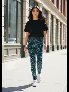 Laila Ali Womens S High-Rise Tropical Print Joggers Chic Stylish - Green/Blue